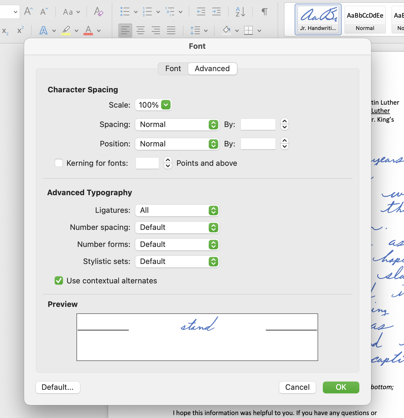 Activating Ligatures in Microsoft Word Advanced Font Menu