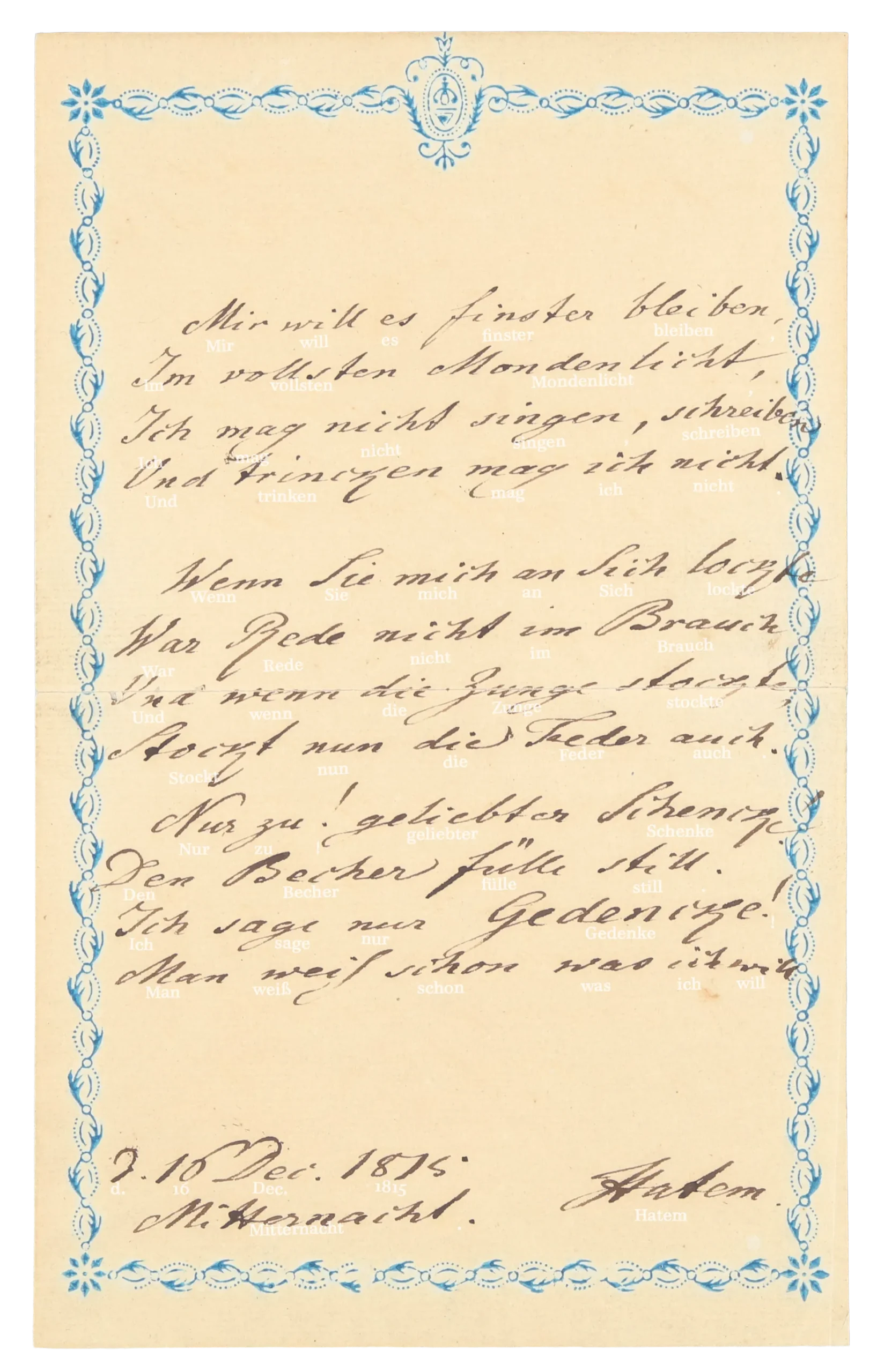 Handwritten page by Johann Wolfgang von Goethe: „Mir will es finster bleiben...“ (16.12.1815)