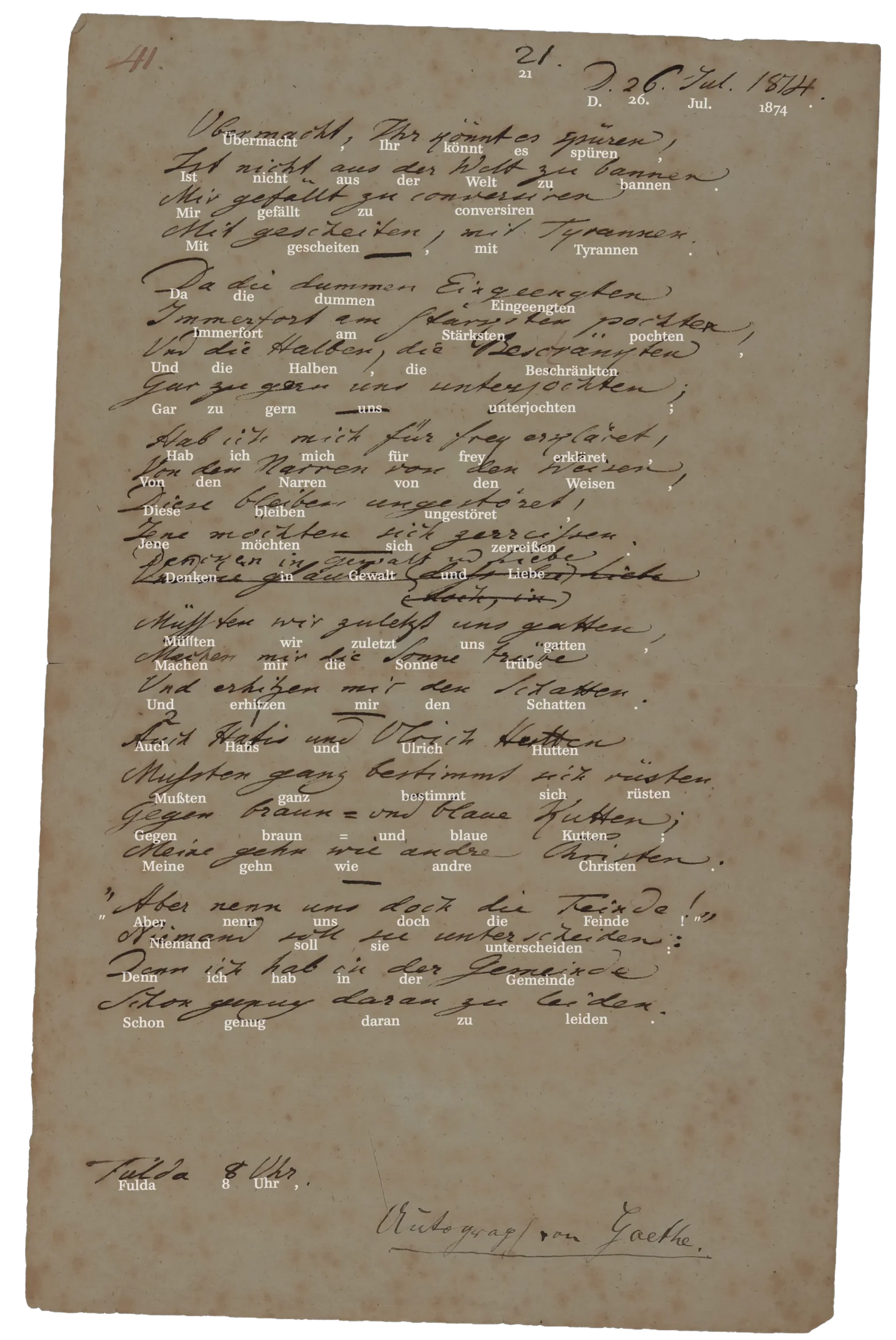 Handwritten page by Johann Wolfgang von Goethe: »Übermacht, Ihr könnt es spüren...« (26.07.1814), Hs-6022_001