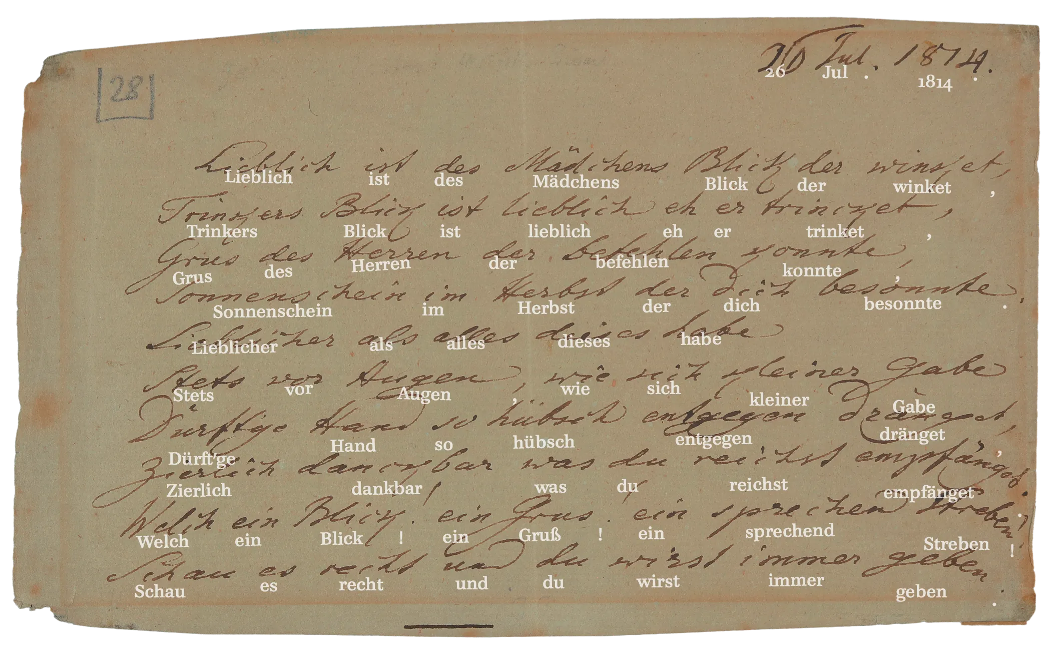 Handwritten page by Johann Wolfgang von Goethe: „Lieblich ist des Mädchens Blick, der winket...“ (26. July 1814)