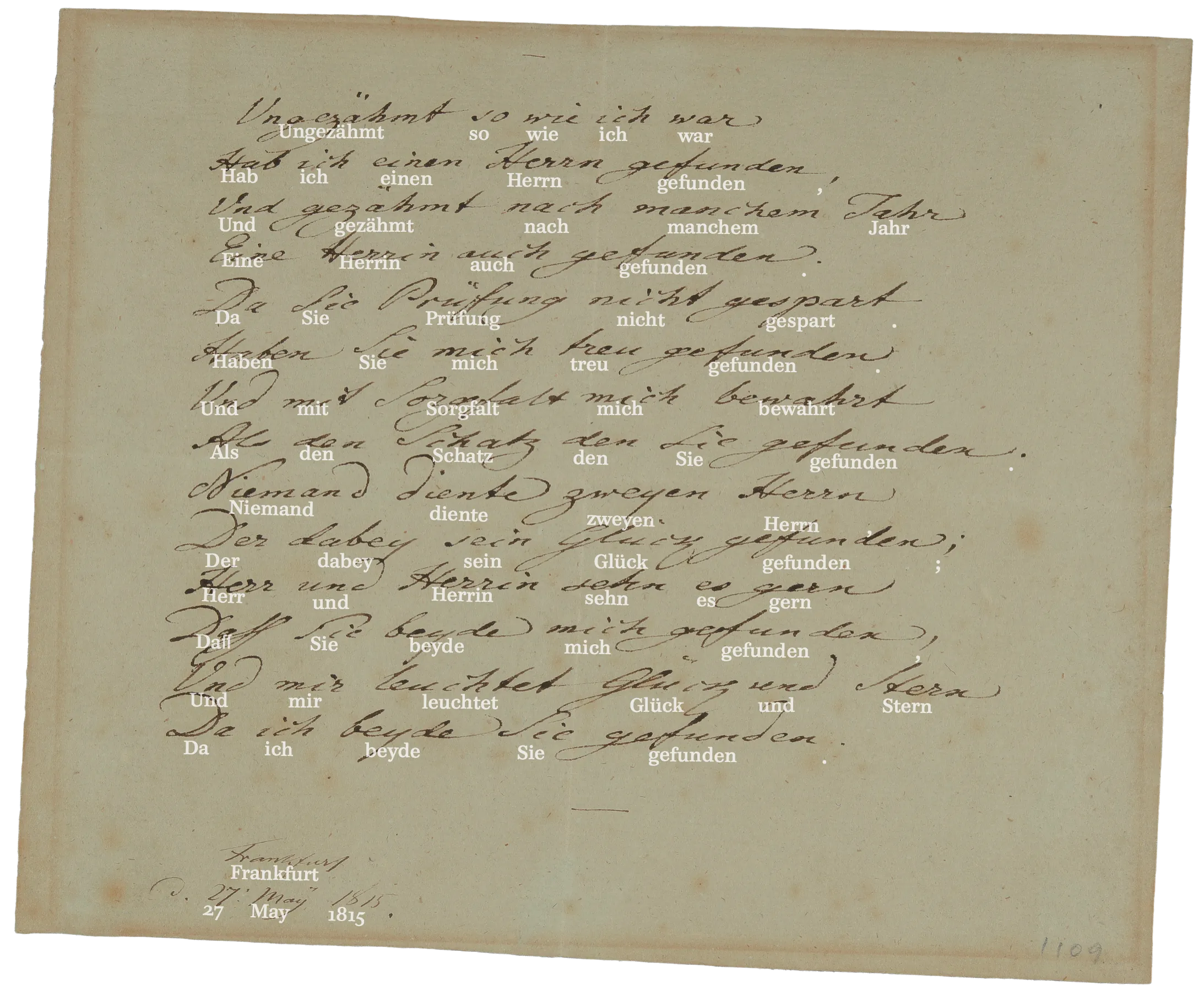 Handwritten page by Johann Wolfgang von Goethe: „Ungezähmt so wie ich war...“ (27. Mai 1815), Hs-9669_001