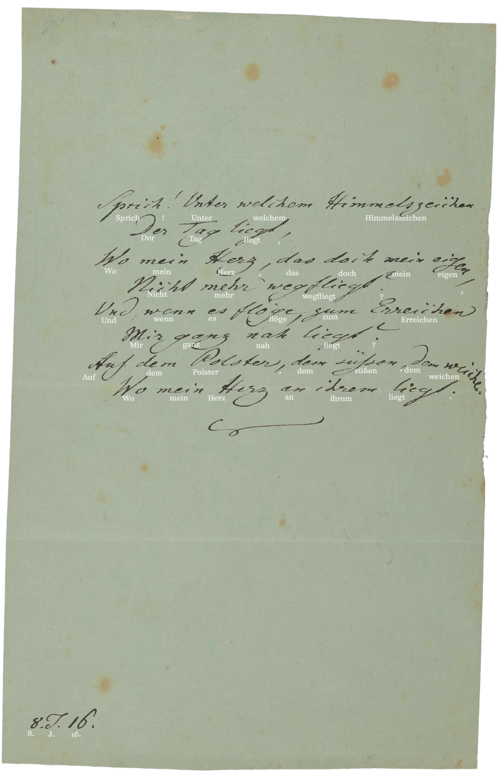 Handwritten page by Johann Wolfgang von Goethe: „Sprich! Unter welchem Himmelszeichen…“ (8.1.1816), Hs-30440_001