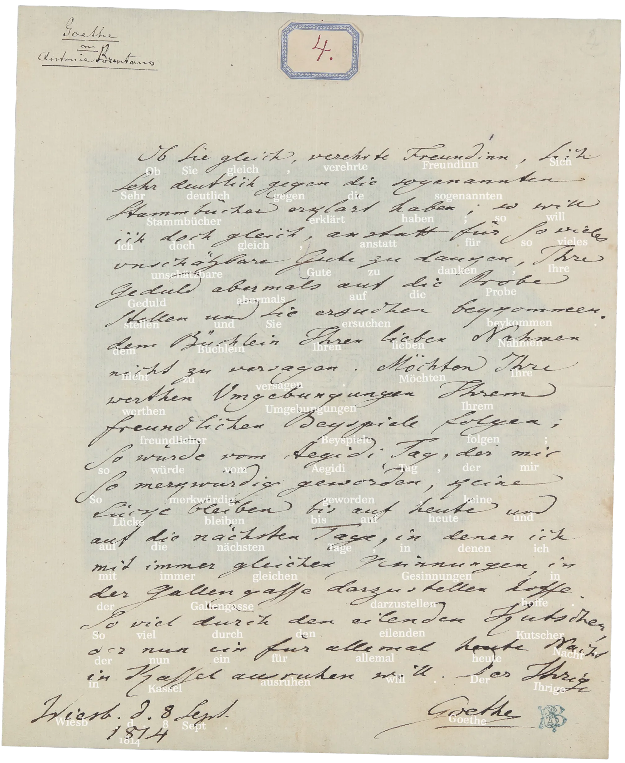 Handwritten page by Johann Wolfgang von Goethe: Goethe an Antonie Brentano (8. September 1814), Hs-30338_001