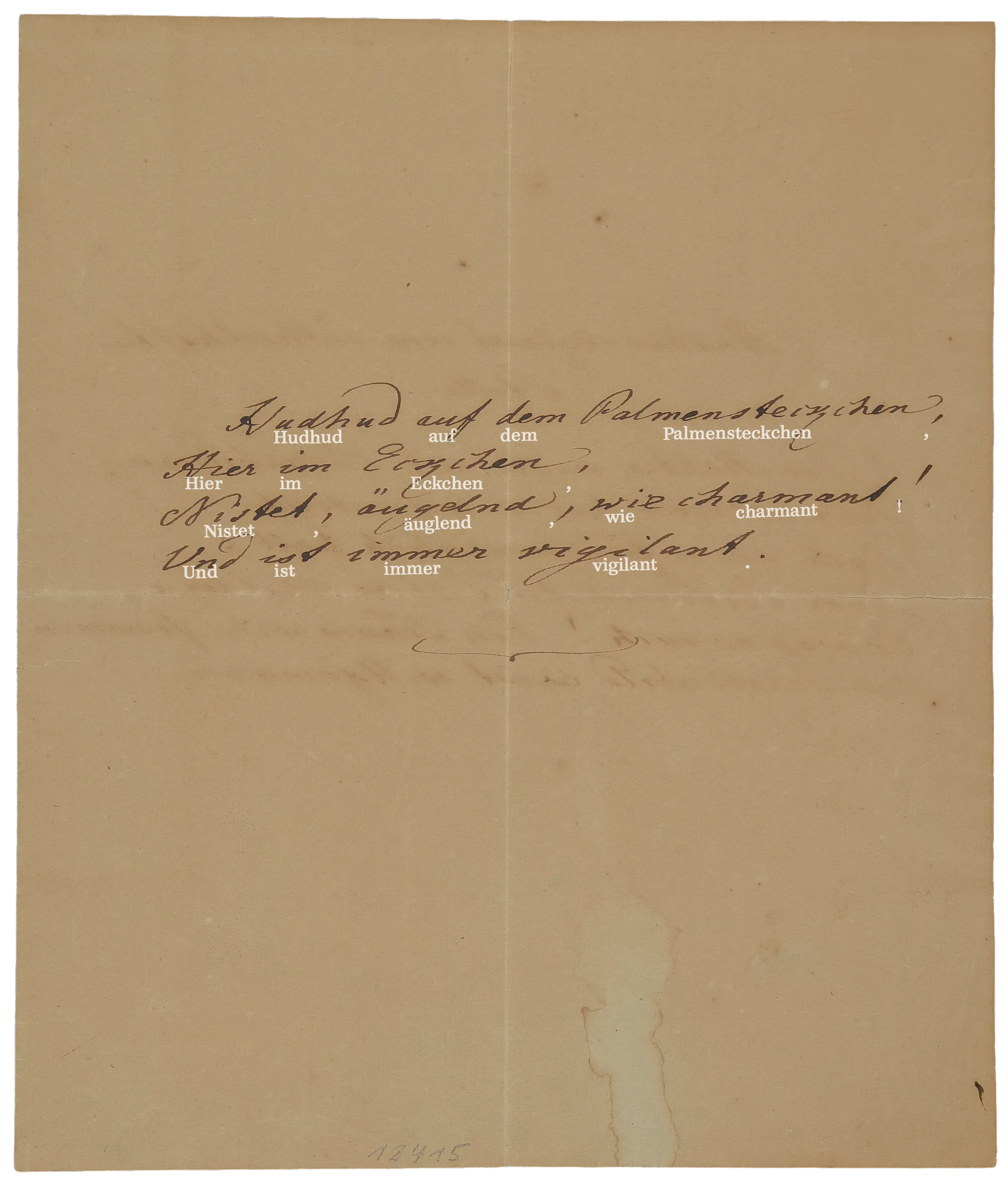 Handwritten page by Johann Wolfgang von Goethe: „Hudhud auf dem Palmen-Steckchen...“ (Dezember 1819), f003r